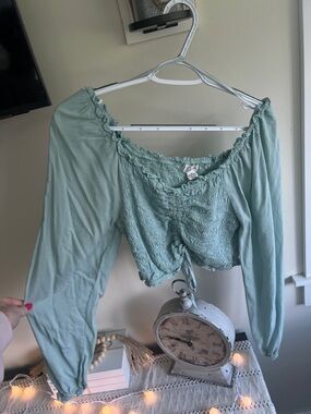 Japna Sage Green Smocked Off-Shoulder Crop Top